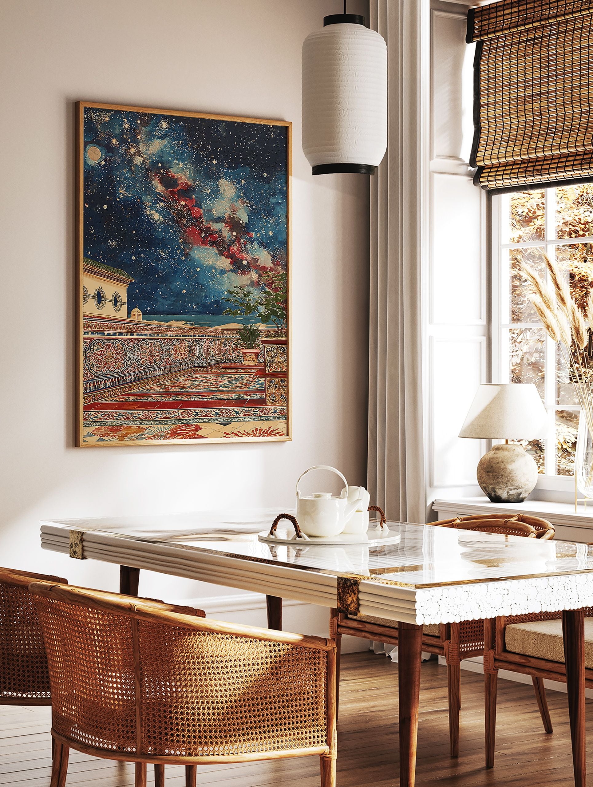 Moroccan wall art featuring an ornate balcony with Islamic patterns under a starry night sky with a moon and red nebula. - Image 2