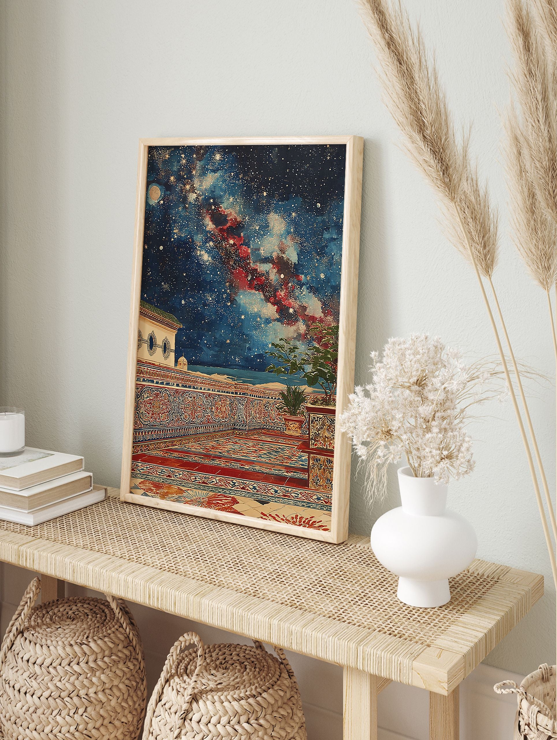 Moroccan wall art featuring an ornate balcony with Islamic patterns under a starry night sky with a moon and red nebula. - Image 3