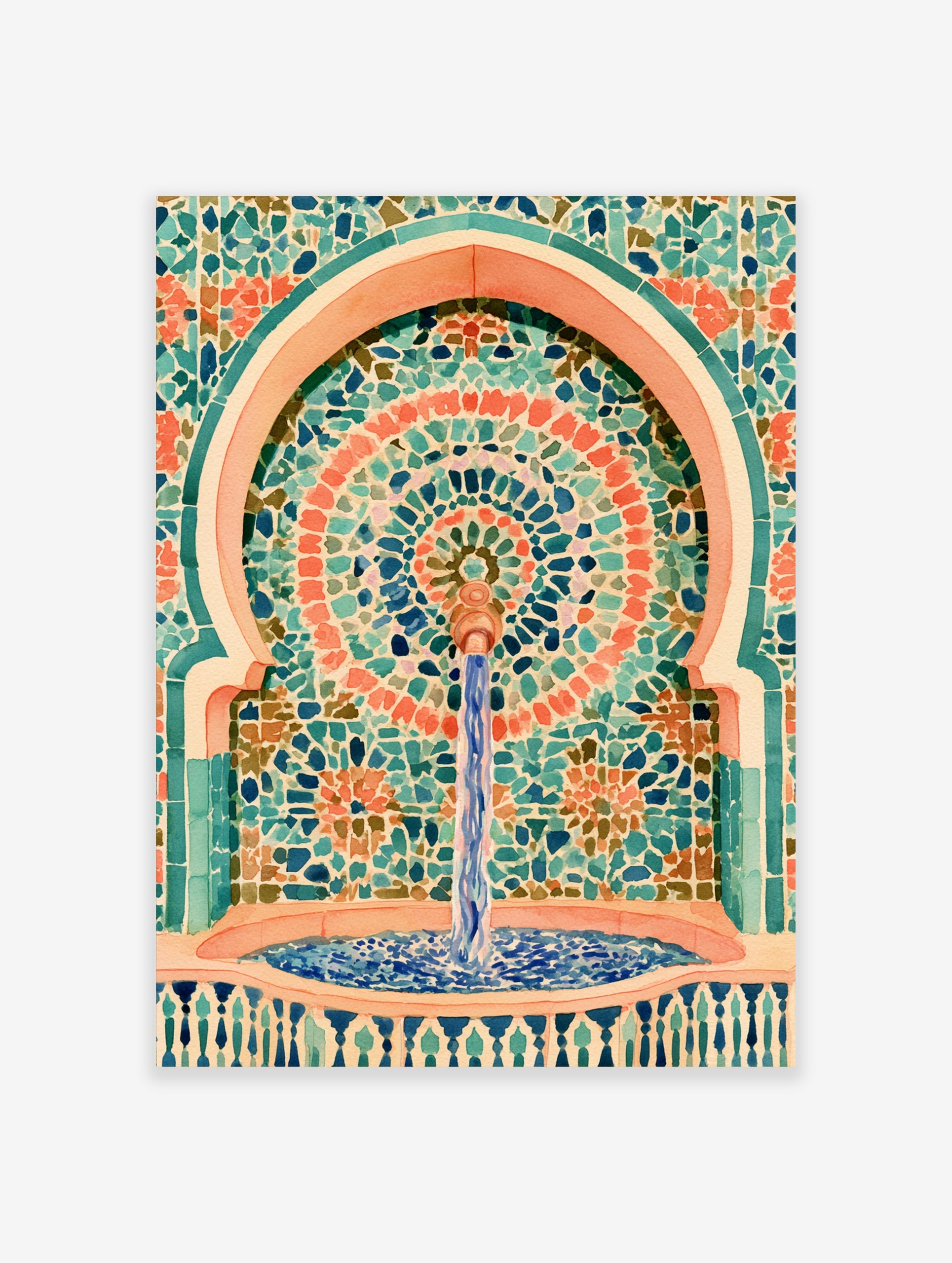 Illustrative mosaic fountain wall art with turquoise and coral geometric tile patterns and water flowing into a basin