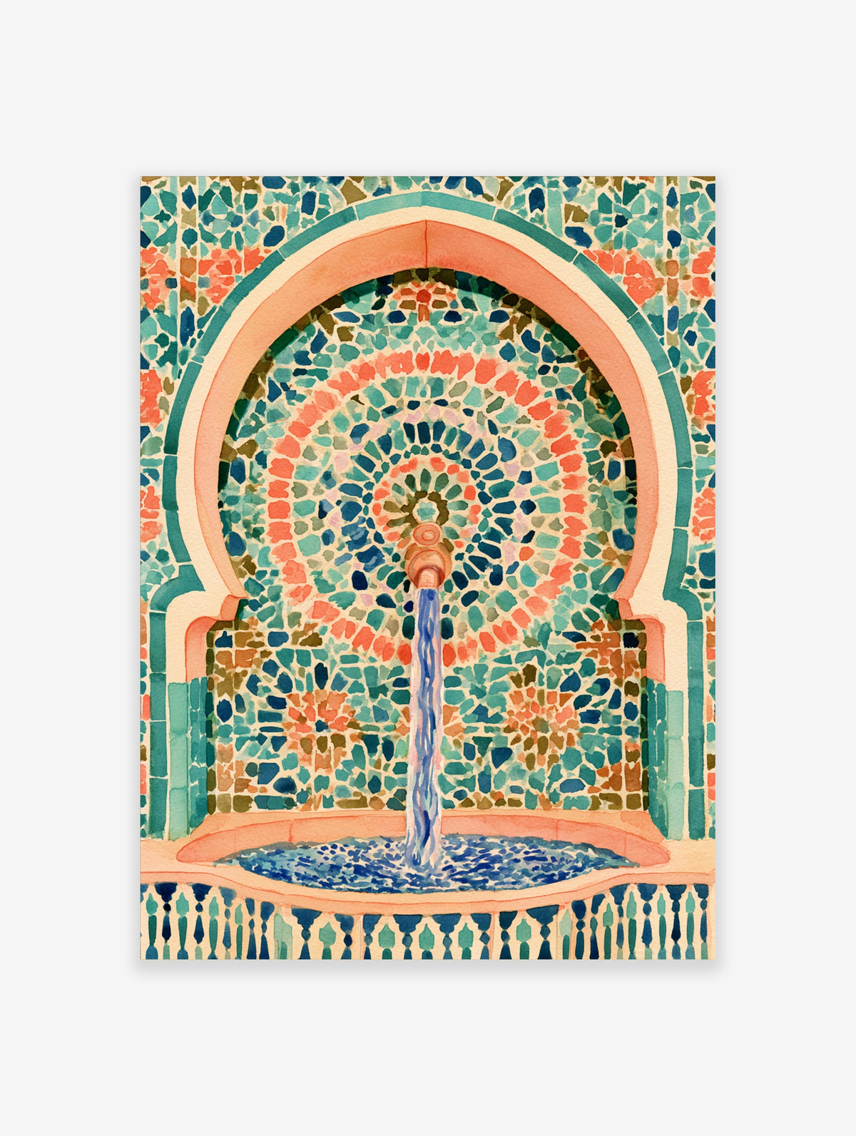 Illustrative mosaic fountain wall art with turquoise and coral geometric tile patterns and water flowing into a basin