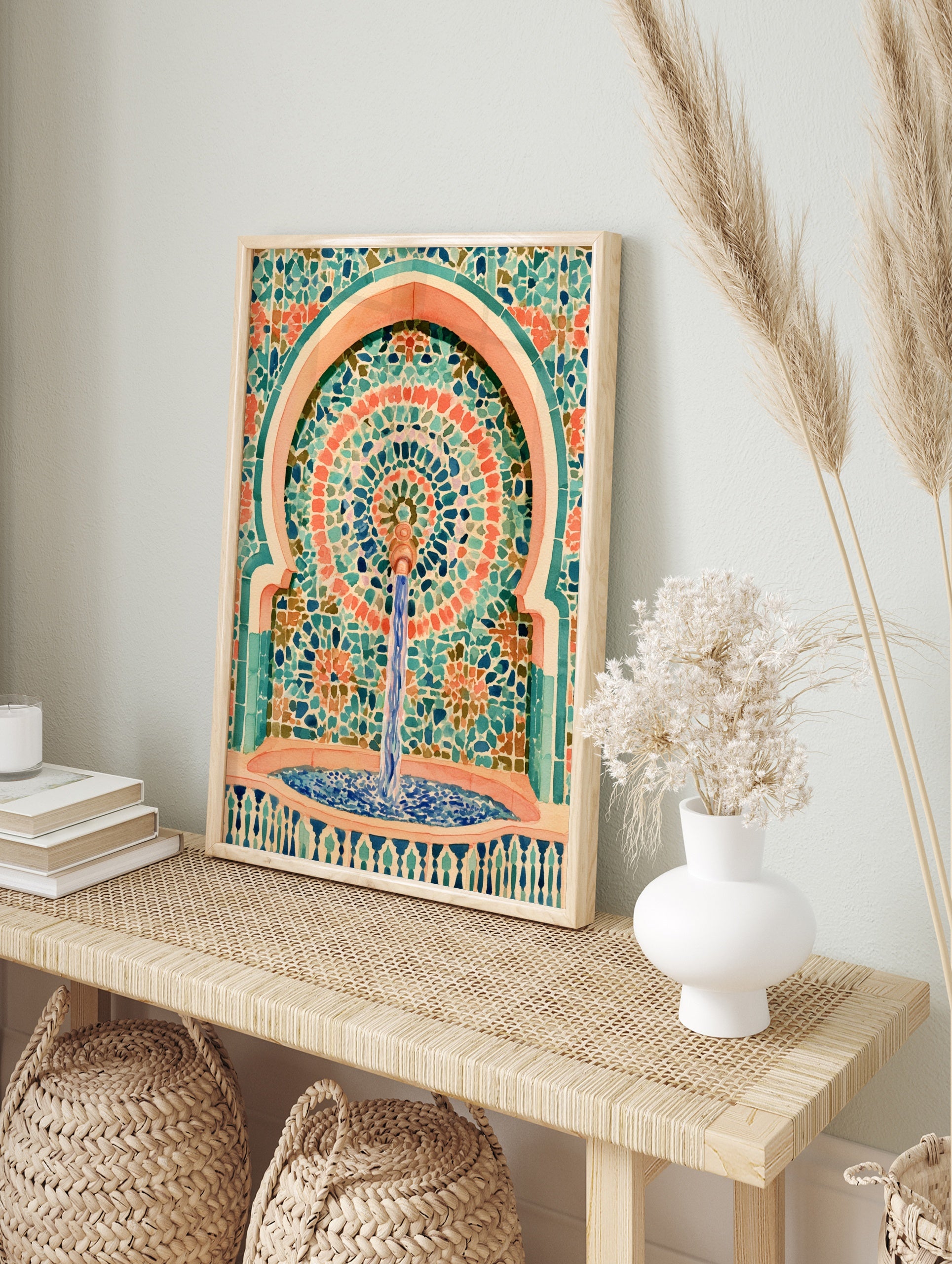 Illustrative mosaic fountain wall art with turquoise and coral geometric tile patterns and, in an alternate framed mockup