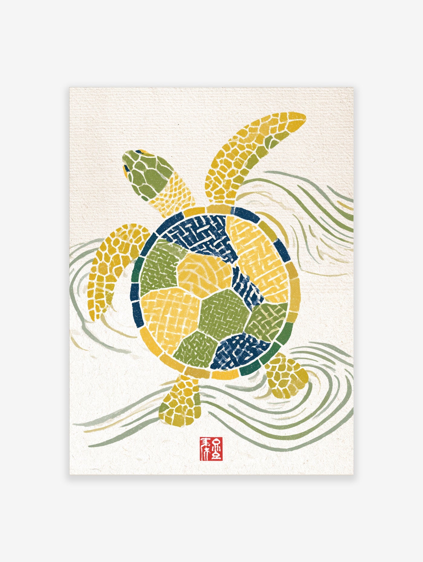 Mosaic sea turtle wall art print with blue, green, and yellow patterns on a cream background