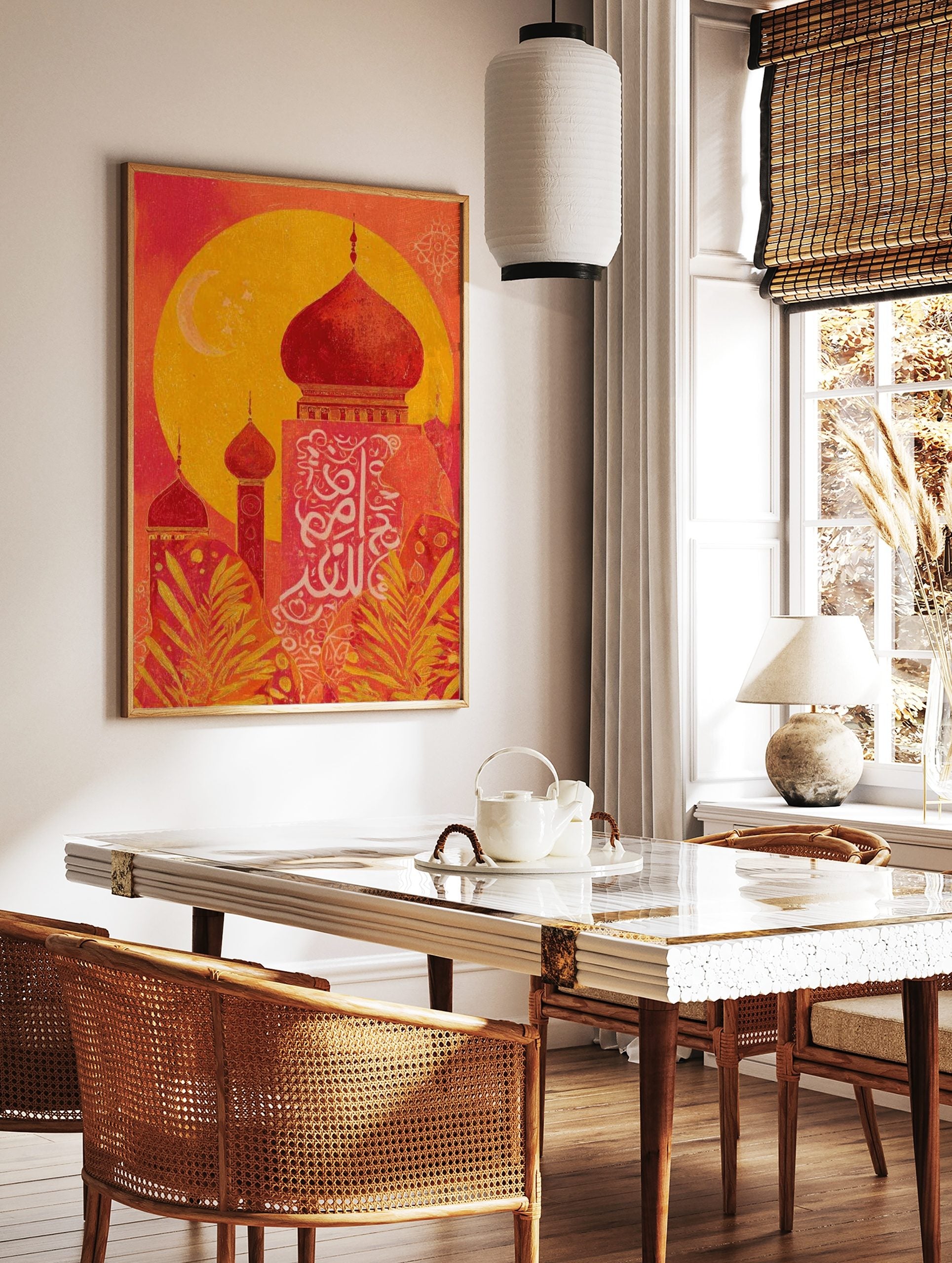 Red and yellow mosque domes with white Arabic calligraphy and crescent moon against a large yellow, in a styled room mockup