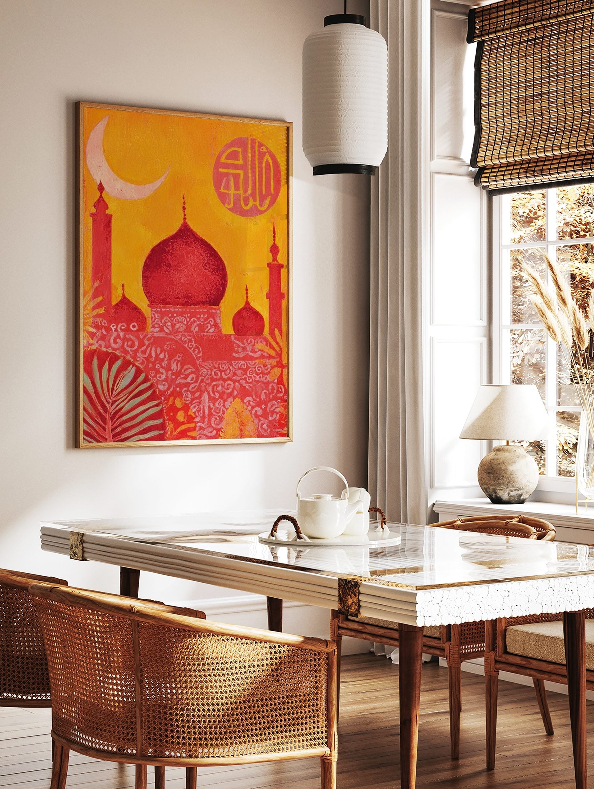 Red mosque with domes and minarets against an orange sky, with a crescent moon and Arabic, in a styled room mockup