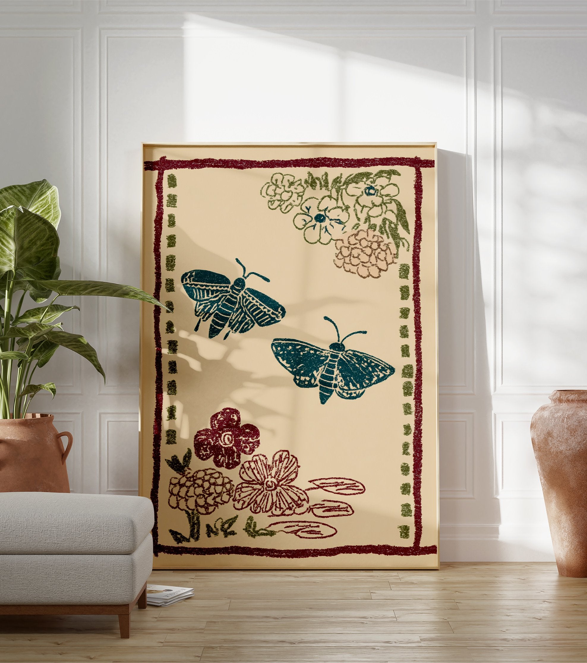 Illustrative Moth & Floral Wall Art print featuring two teal moths, red and green flowers, and a patterned border on a beige background. - Image 3