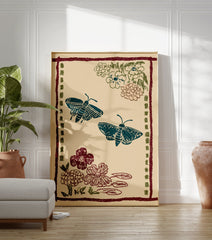 Illustrative Moth & Floral Wall Art print featuring two teal moths, red and green flowers, and a patterned border on a beige background. - Image 3