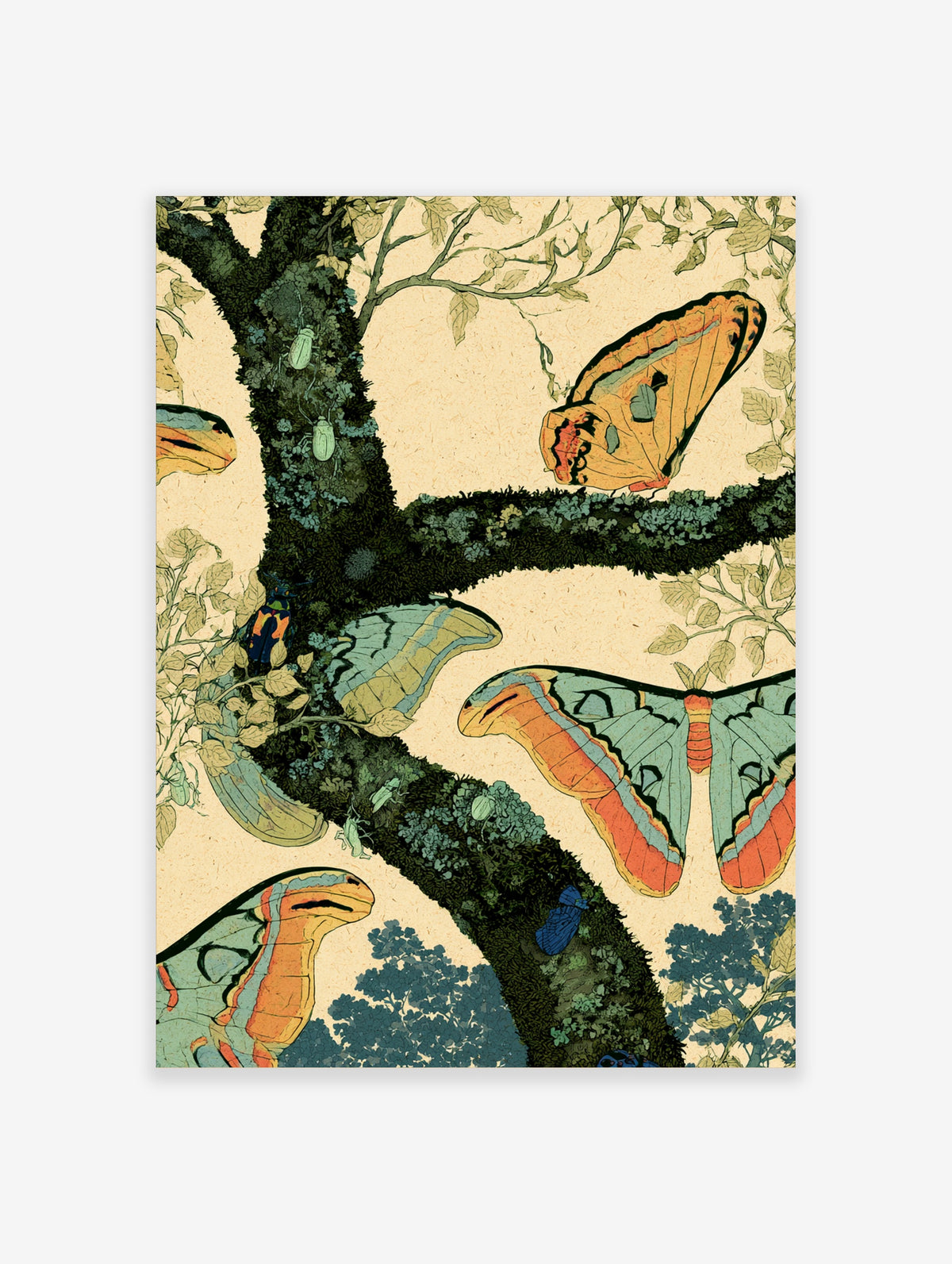 Vintage insect art print with large orange and blue moths on mossy branches