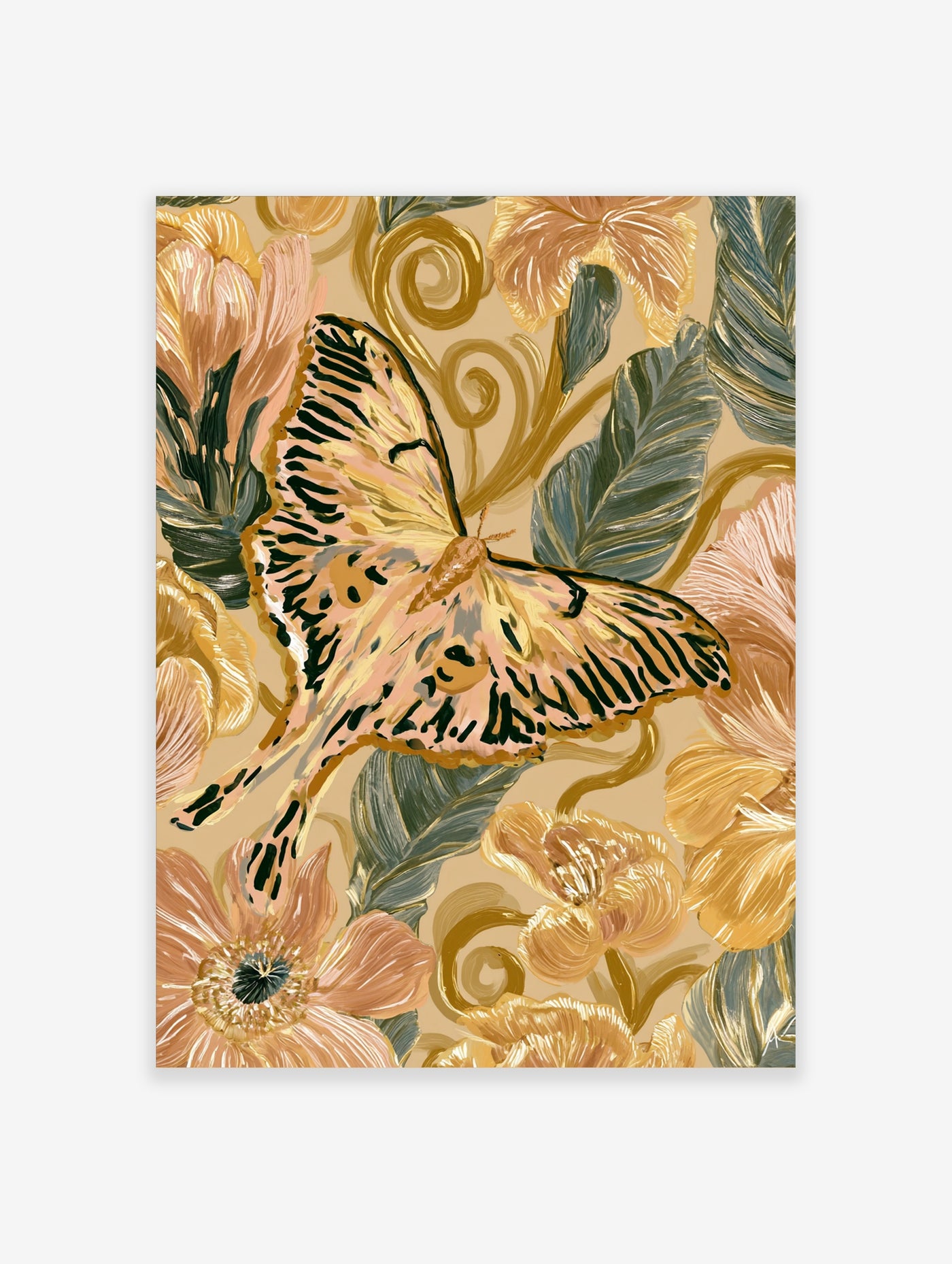 Detailed moth and iris flower botanical illustration in muted peach and green tones on a beige background