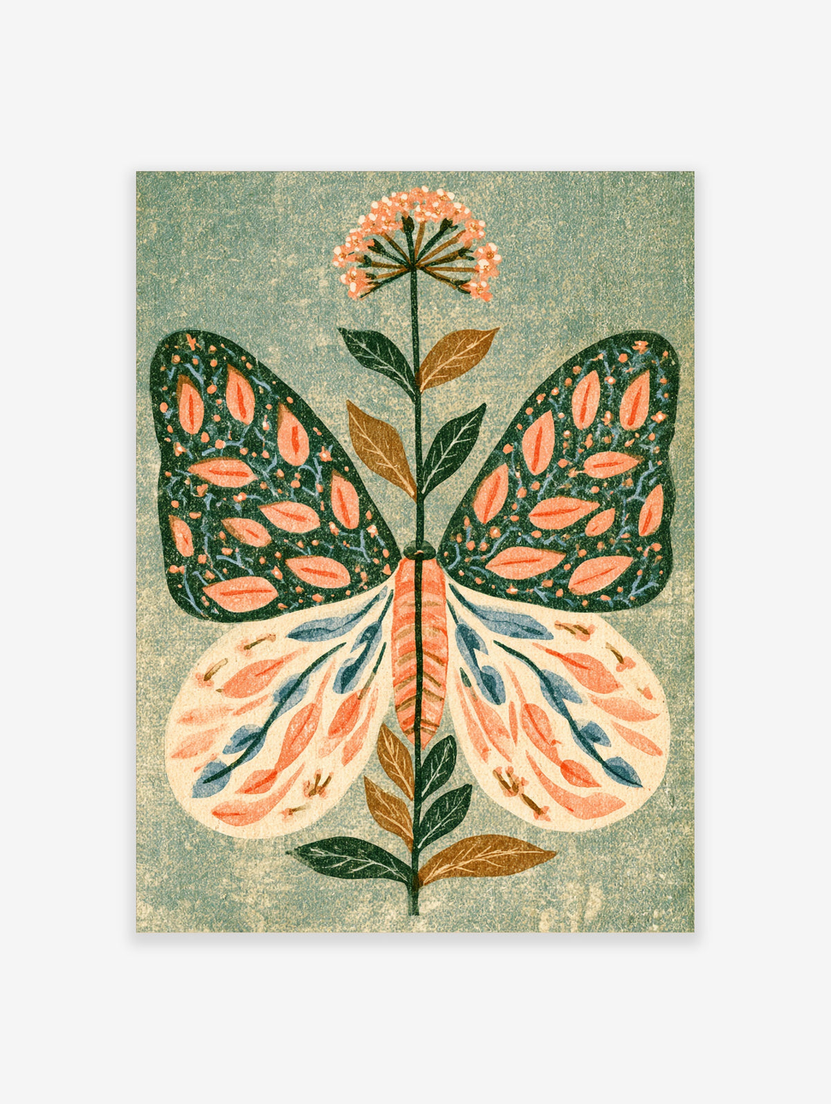 Symmetrical moth and wildflower art print with coral pink blooms and dark green patterned wings on a textured background