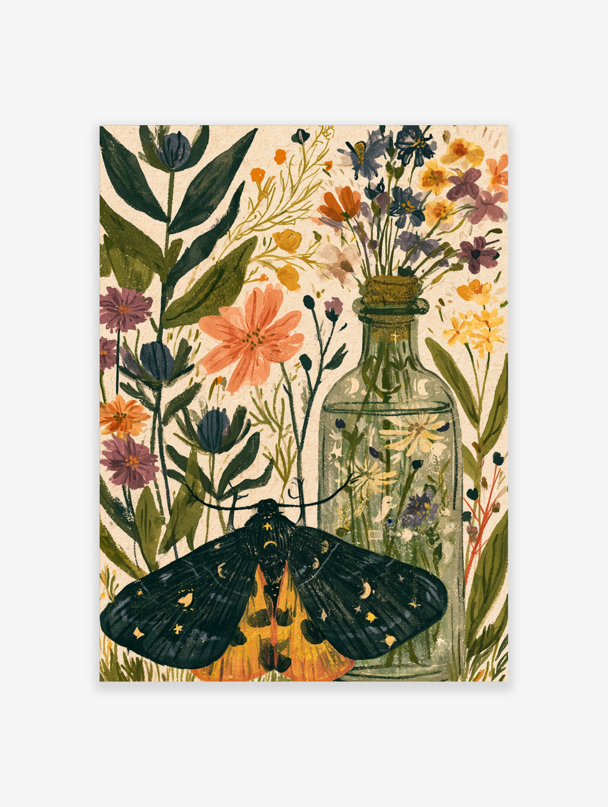 Dark moth with star markings and orange underwings beside a glass bottle of wildflowers and green leaves