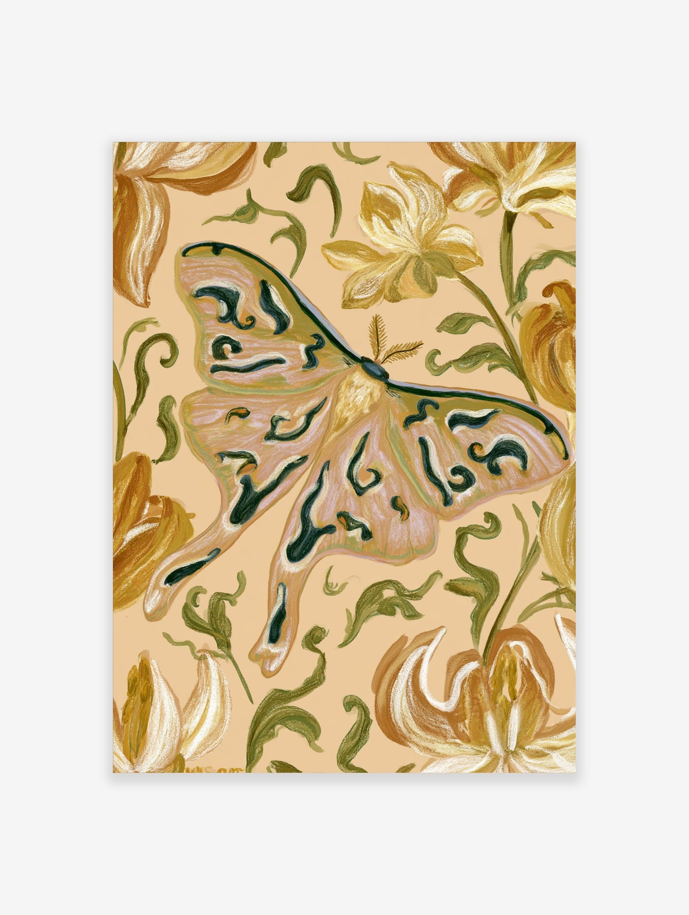 Botanical moth illustration with golden flowers and green vines on a soft beige background, illustrative wall art print