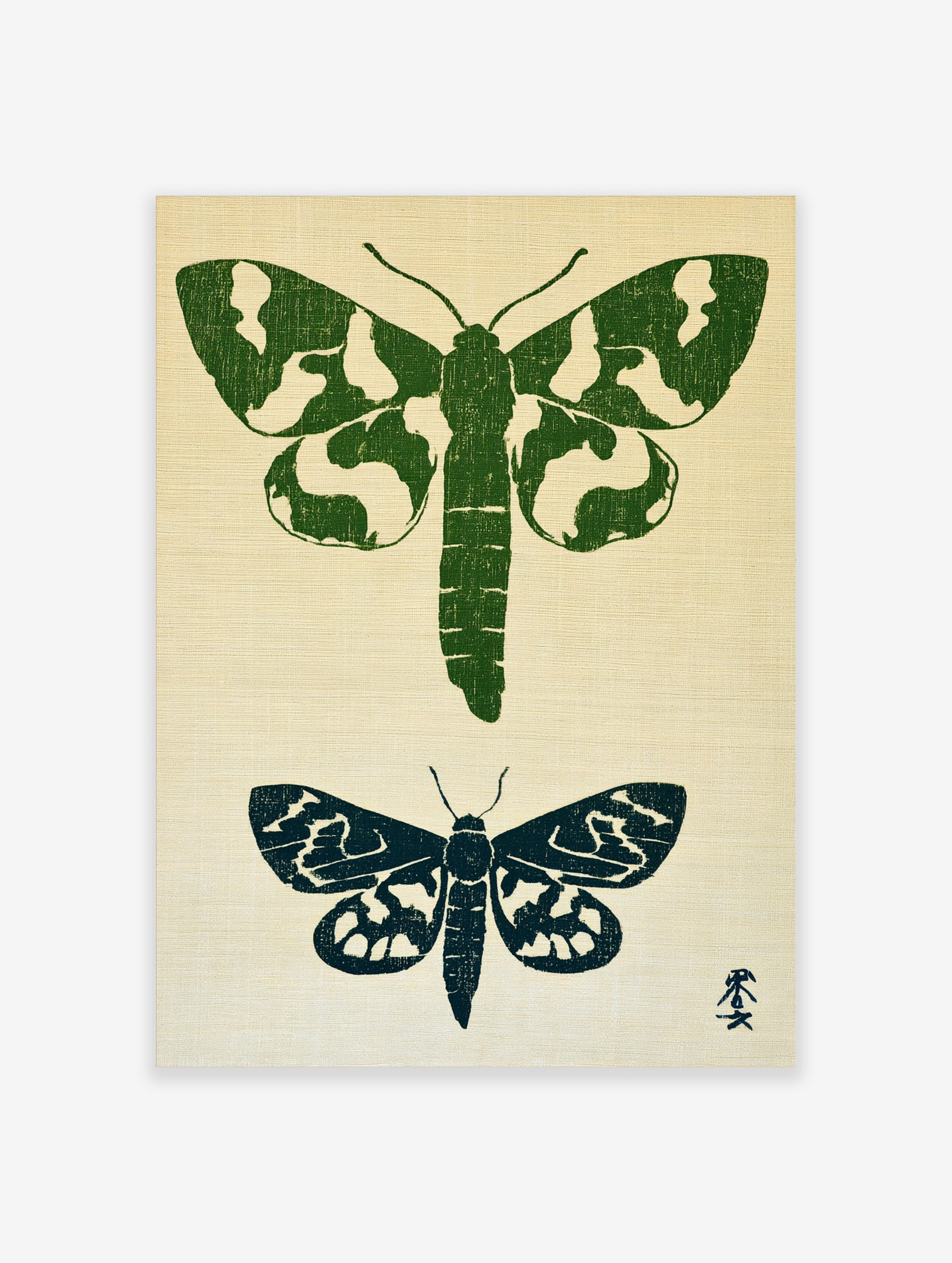 Two moth illustrations in green and navy block-print style on a textured neutral background