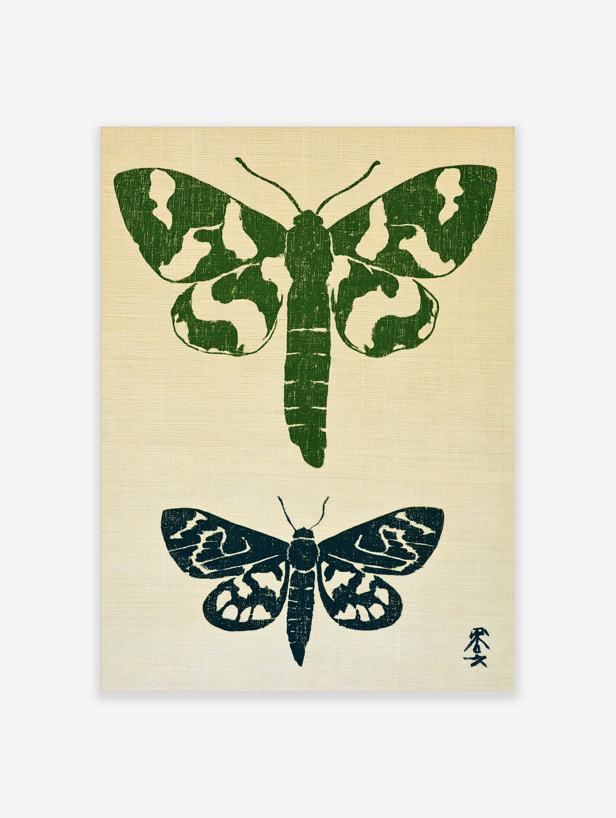 Two moth illustrations in green and navy block-print style on a textured neutral background