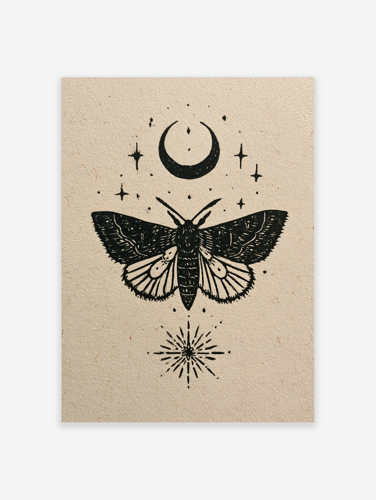 Moth illustration wall art with moon and stars, black ink on textured beige paper