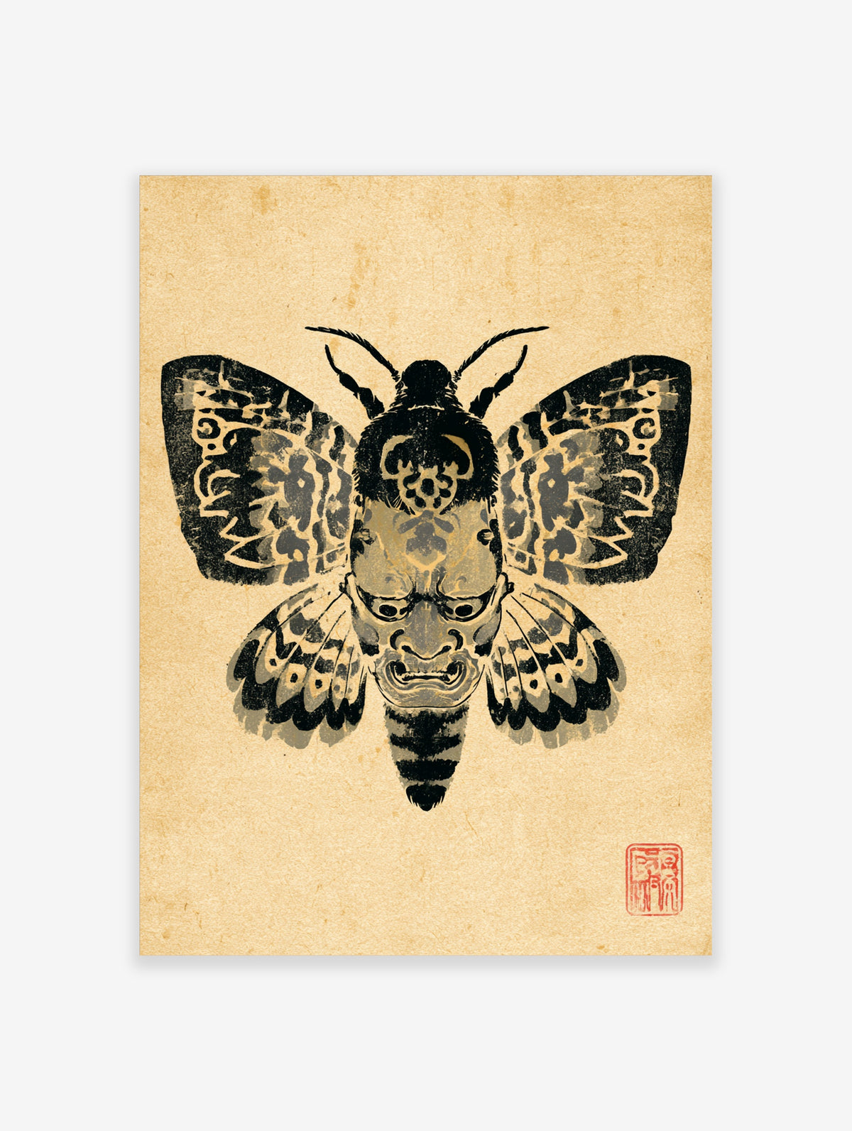 Surreal moth art print with skull-like Japanese mask face and patterned wings on tan background