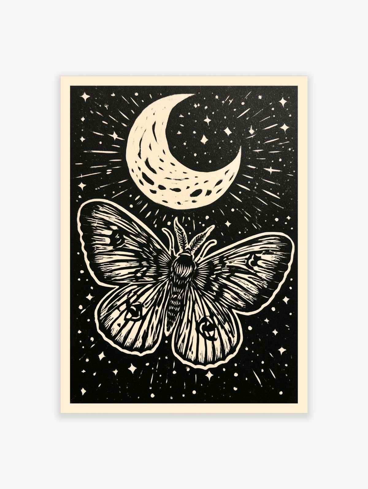 Celestial moth wall art with crescent moon and stars in a black and white linocut style illustration