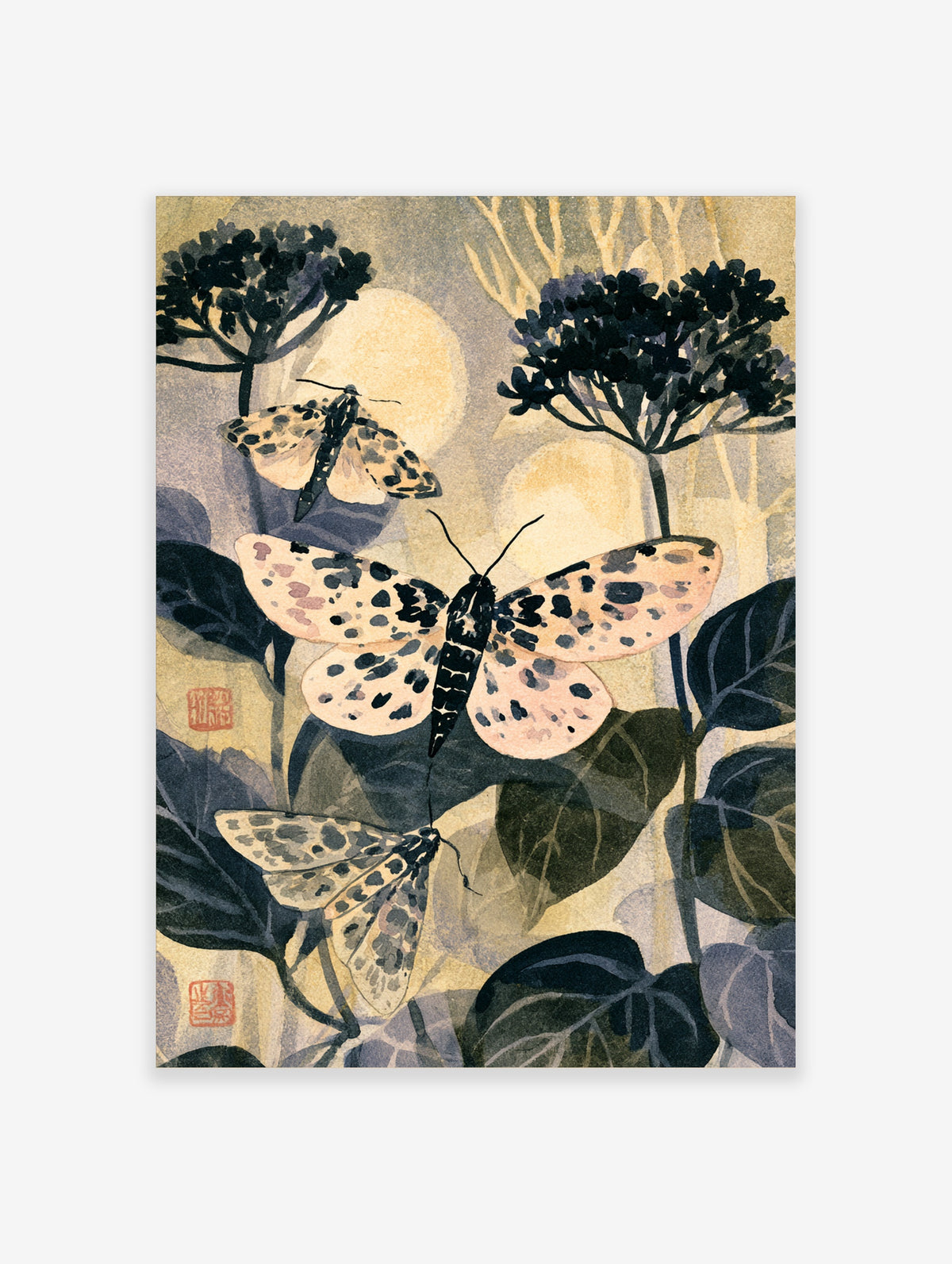 Japanese-style moth art print with three spotted moths among dark leaves and pale yellow blooms