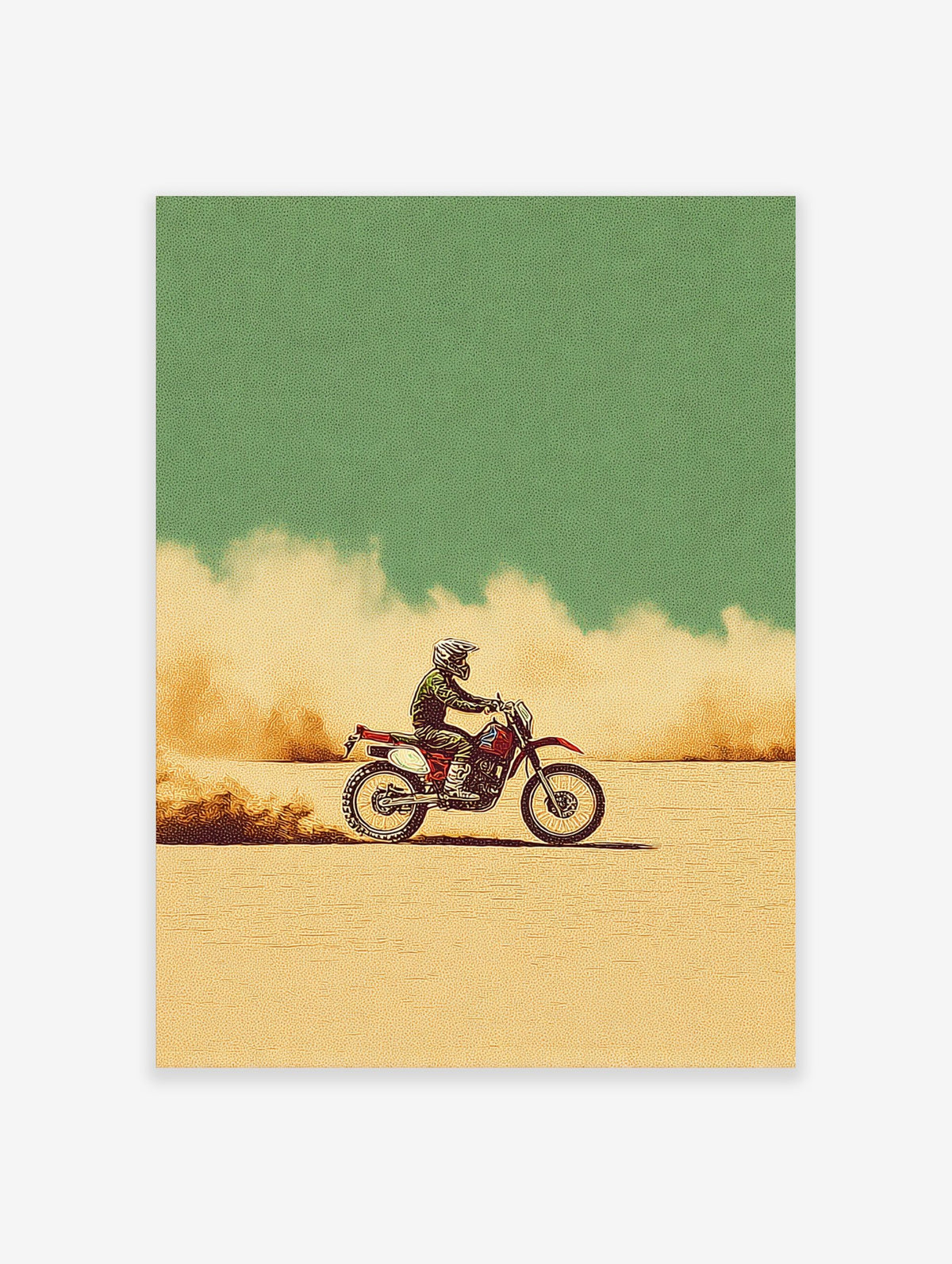 Illustrative motocross dirt bike rider on a red bike, kicking up dust in a beige desert under a green sky