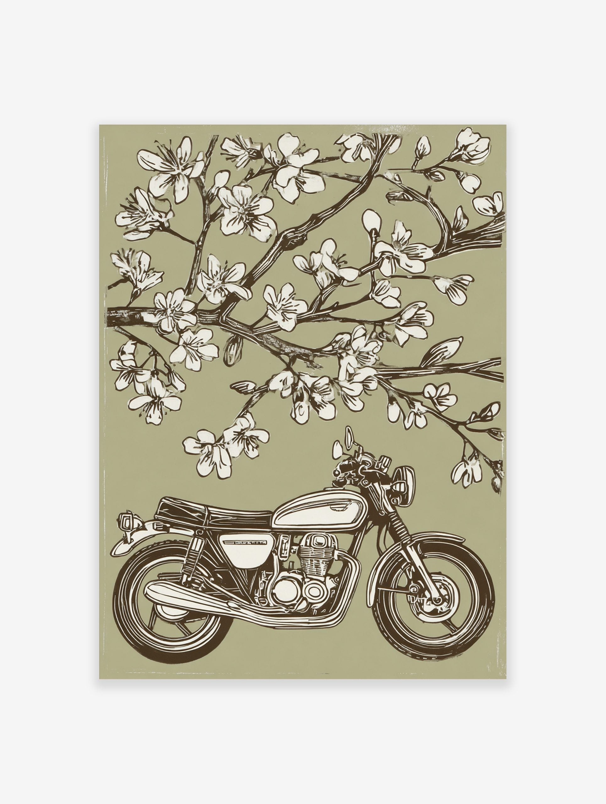 Vintage motorcycle parked under blooming cherry blossom tree in illustrative green, white, and brown print
