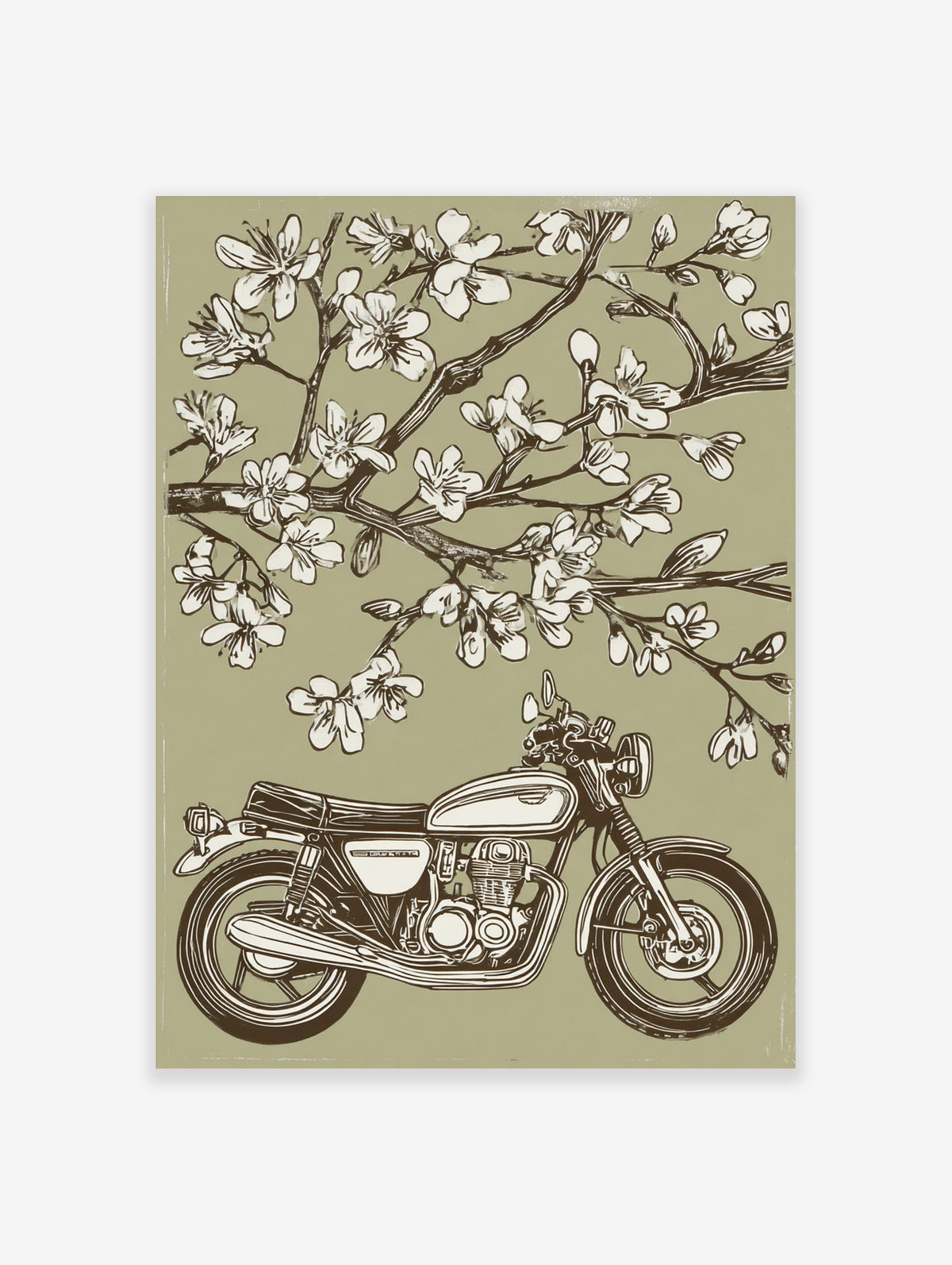 Vintage motorcycle parked under blooming cherry blossom tree in illustrative green, white, and brown print