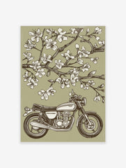 Vintage motorcycle parked under blooming cherry blossom tree in illustrative green, white, and brown print