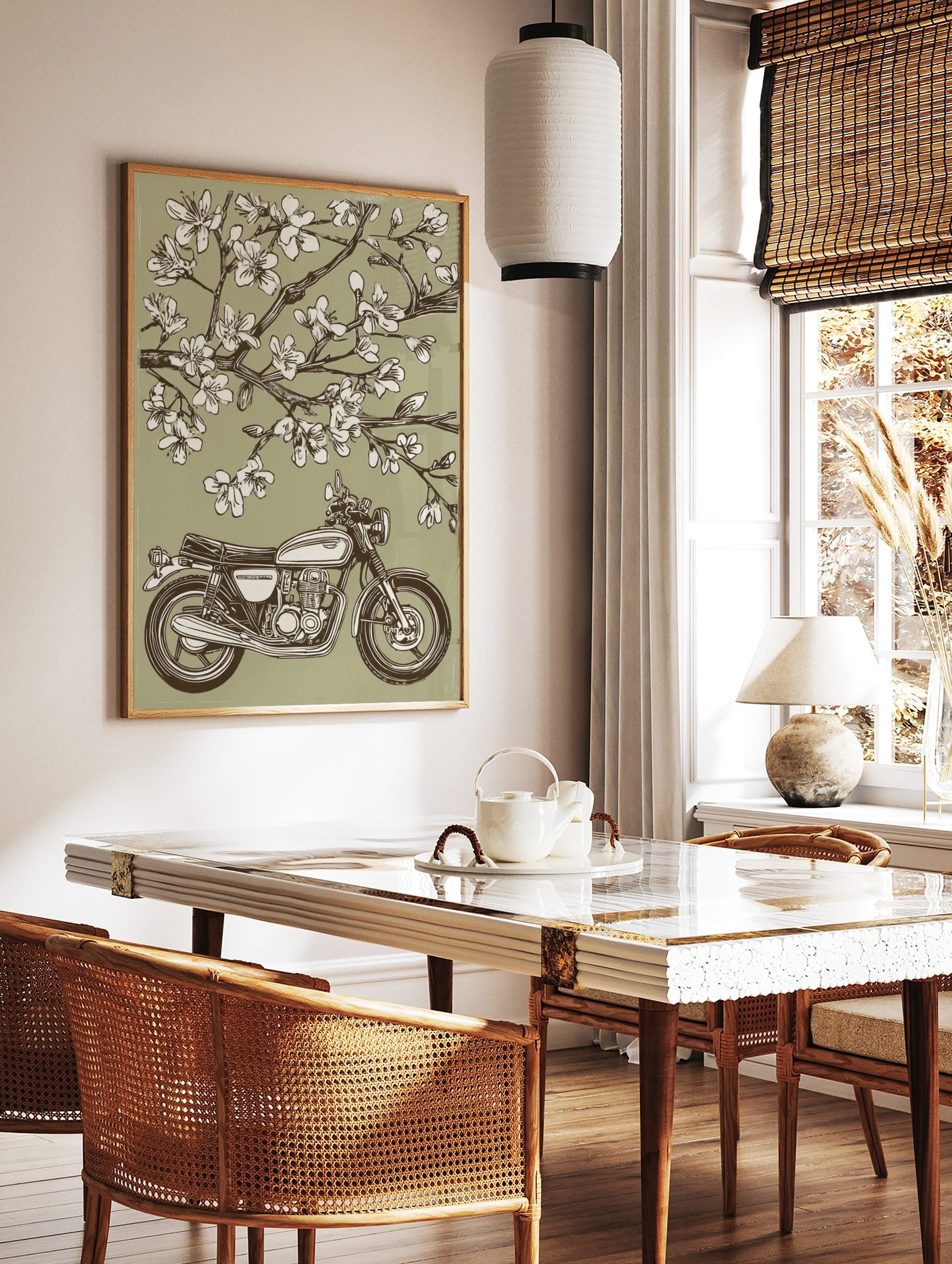 Vintage motorcycle parked under blooming cherry blossom tree in illustrative green, white, and, in a styled room mockup