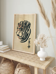 Stylised motorcycle engine illustration in black ink with red accents and Japanese, in an alternate framed mockup