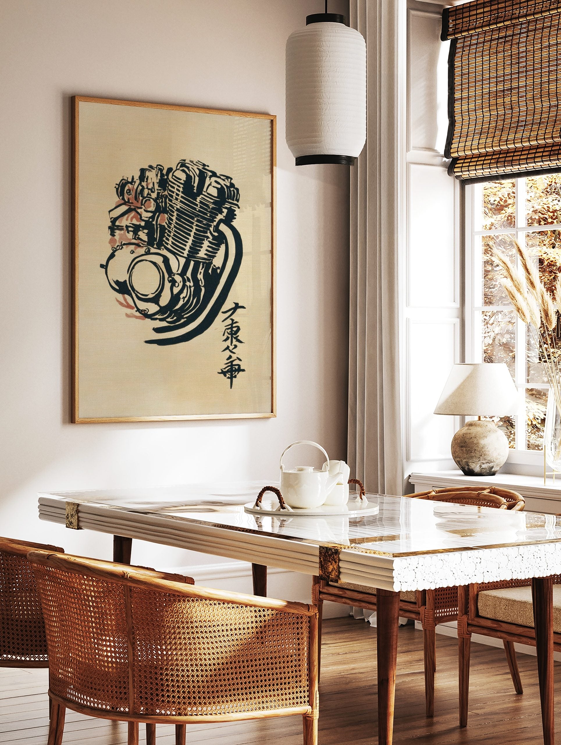 Stylised motorcycle engine illustration in black ink with red accents and Japanese calligraphy on, in a styled room mockup