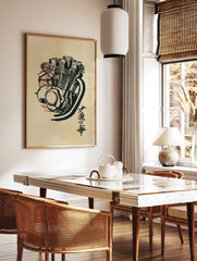 Stylised motorcycle engine illustration in black ink with red accents and Japanese calligraphy on, in a styled room mockup