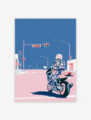 Illustrative motorcycle wall art with rider in patterned suit and pink helmet at city intersection in pink and blue