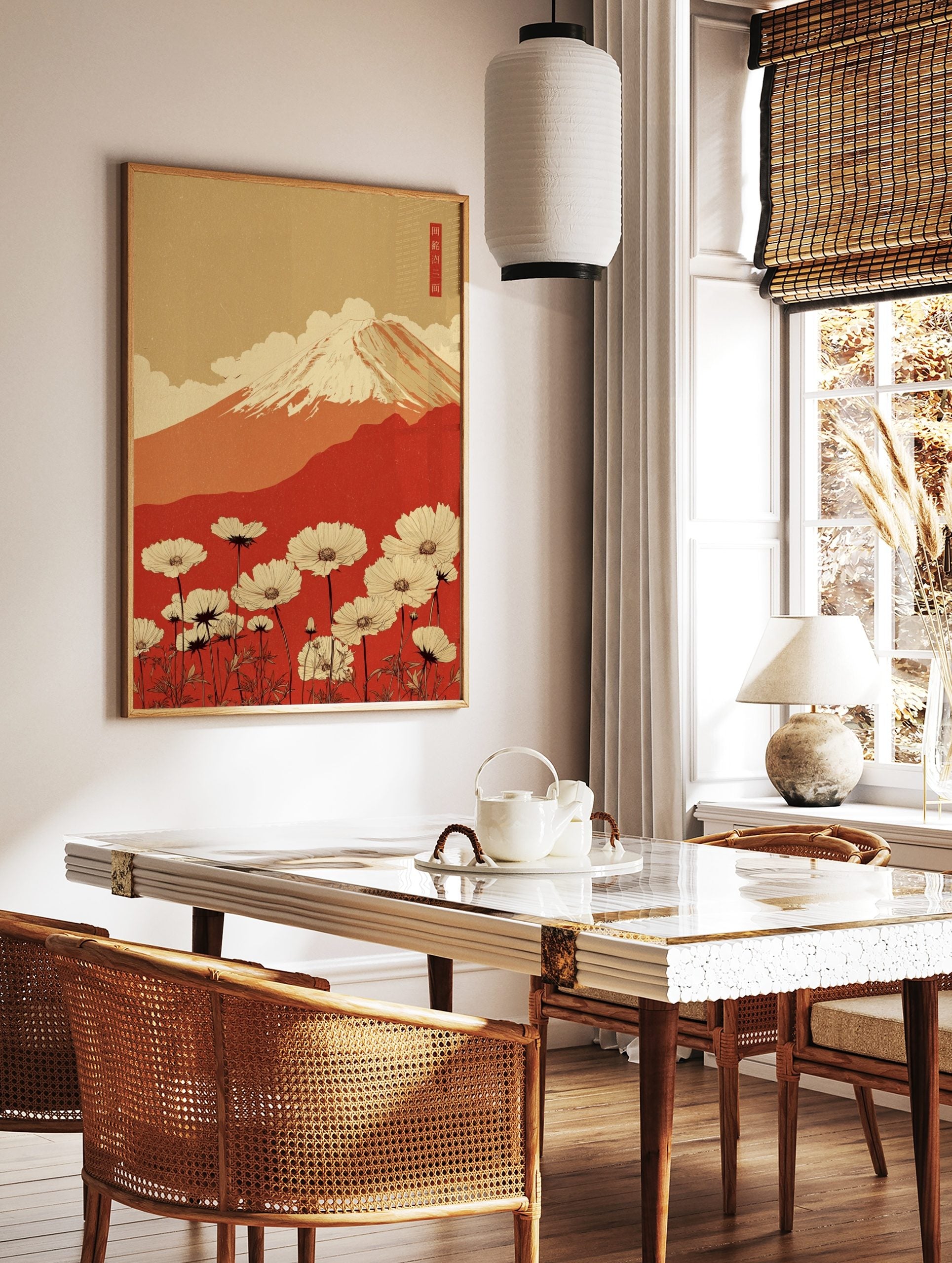 Illustrative print of Mount Fuji with snow, red hills, white cosmos flowers, beige sky, and, in a styled room mockup