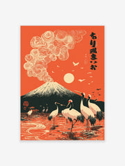 Mount Fuji with swirling clouds and red-crowned cranes in orange Japanese landscape art print