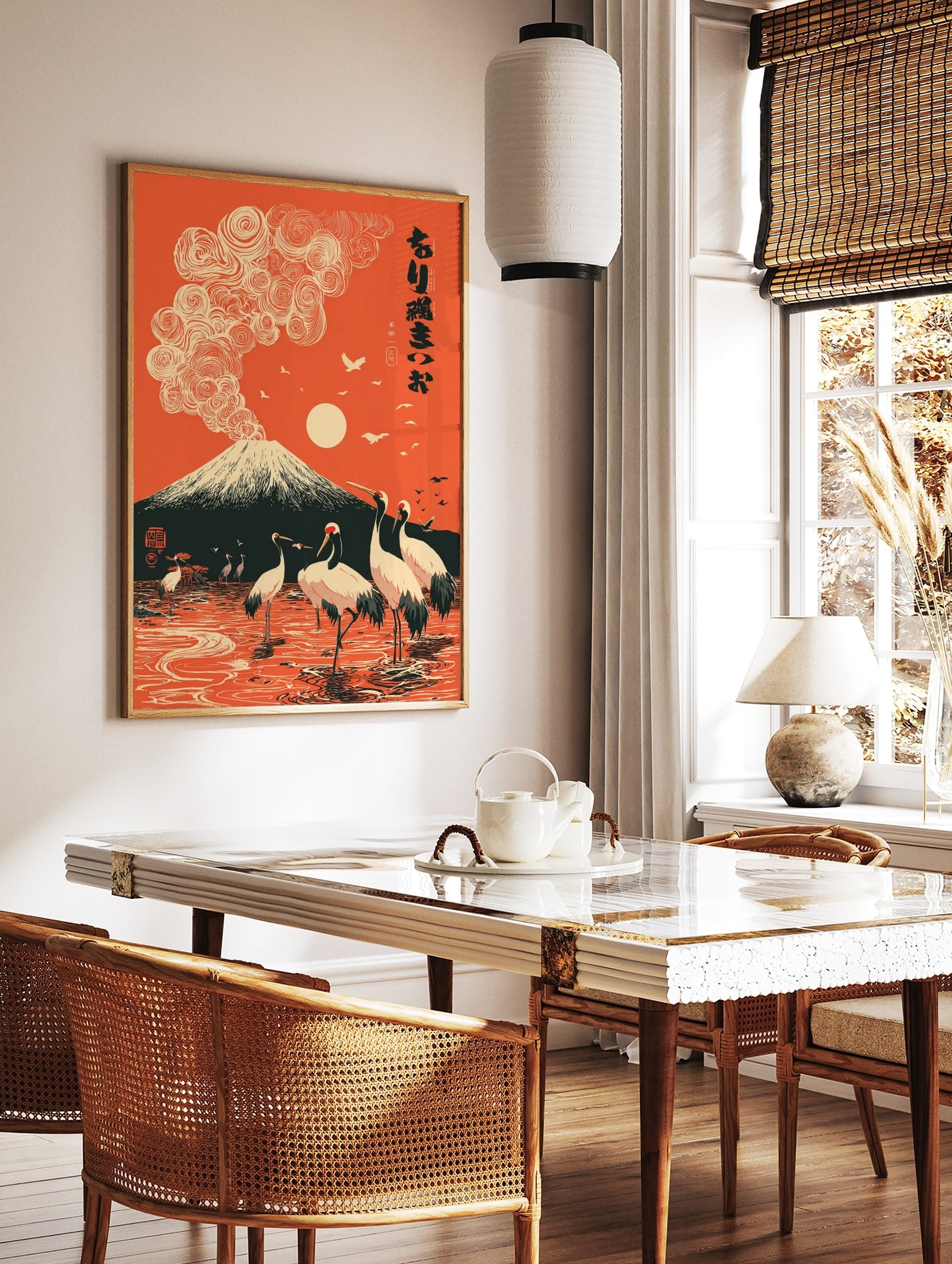 Mount Fuji with swirling clouds and red-crowned cranes in orange Japanese landscape art print, in a styled room mockup