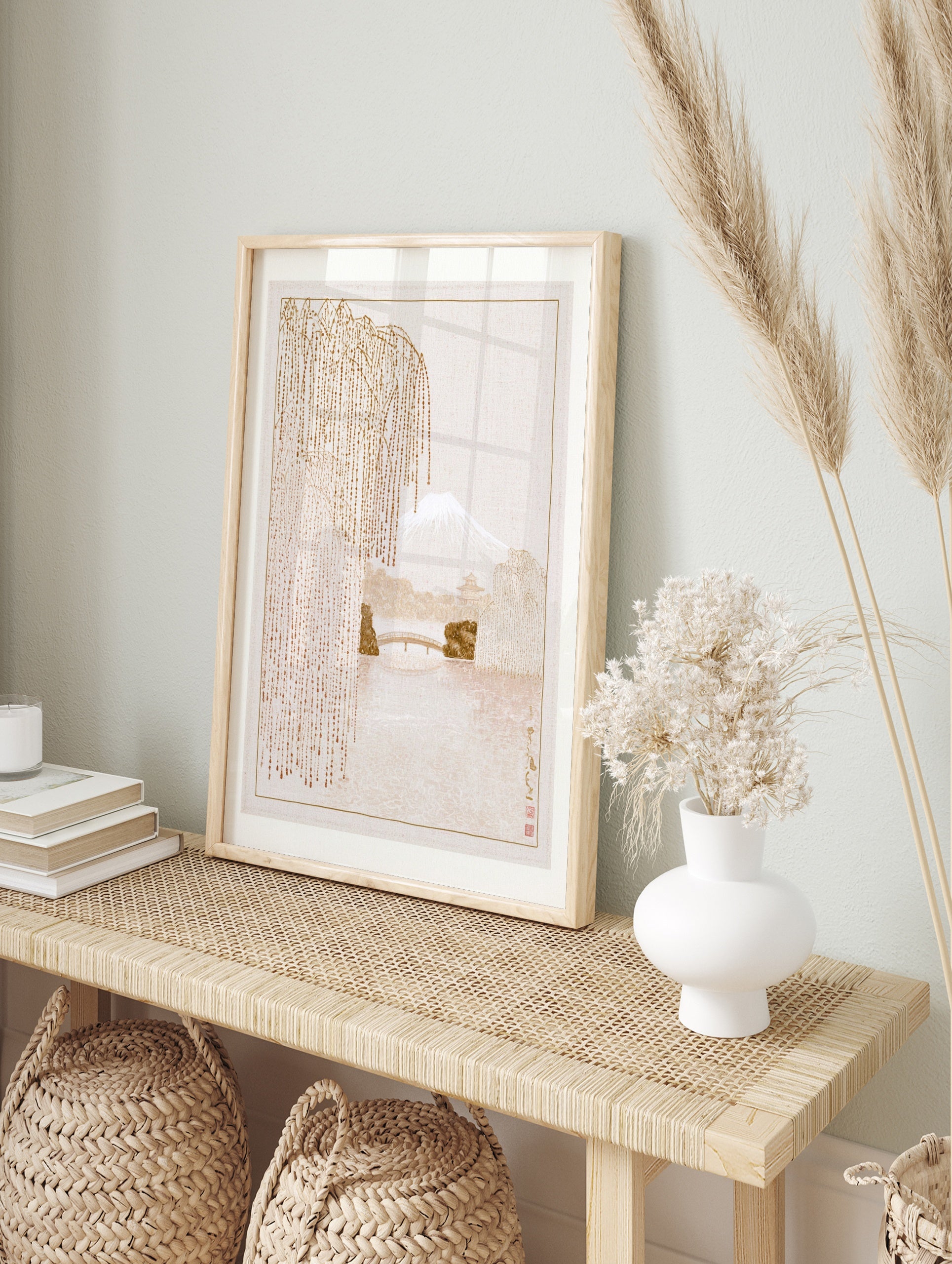 Japanese landscape art print featuring Mount Fuji, a willow tree, and a bridge in a beige, in an alternate framed mockup