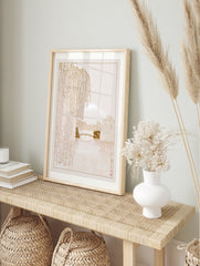 Japanese landscape art print featuring Mount Fuji, a willow tree, and a bridge in a beige, in an alternate framed mockup