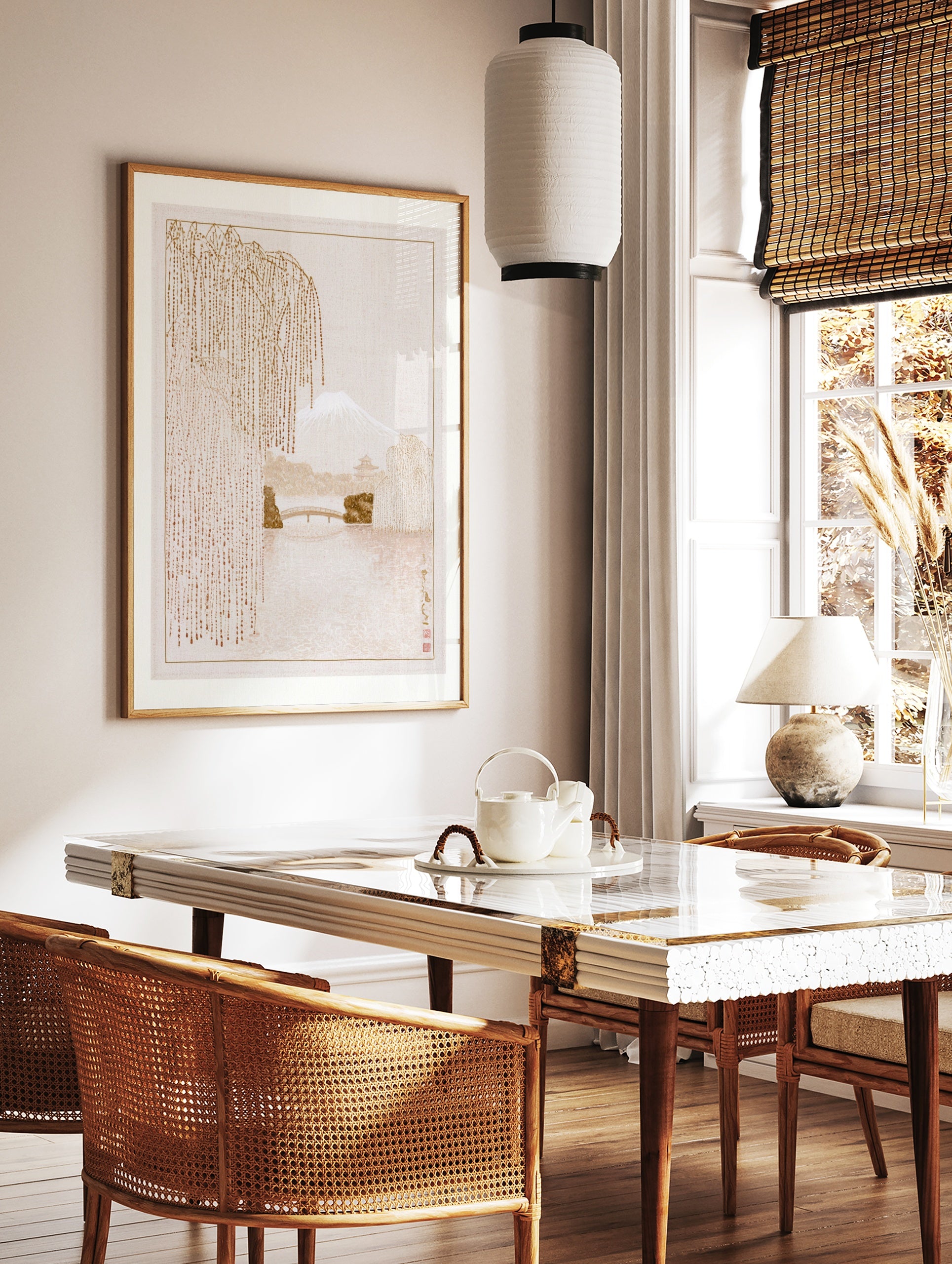 Japanese landscape art print featuring Mount Fuji, a willow tree, and a bridge in a beige, in a styled room mockup