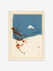 Japanese art print featuring a red flowering branch in the foreground against a blue Mount Fuji mountain background