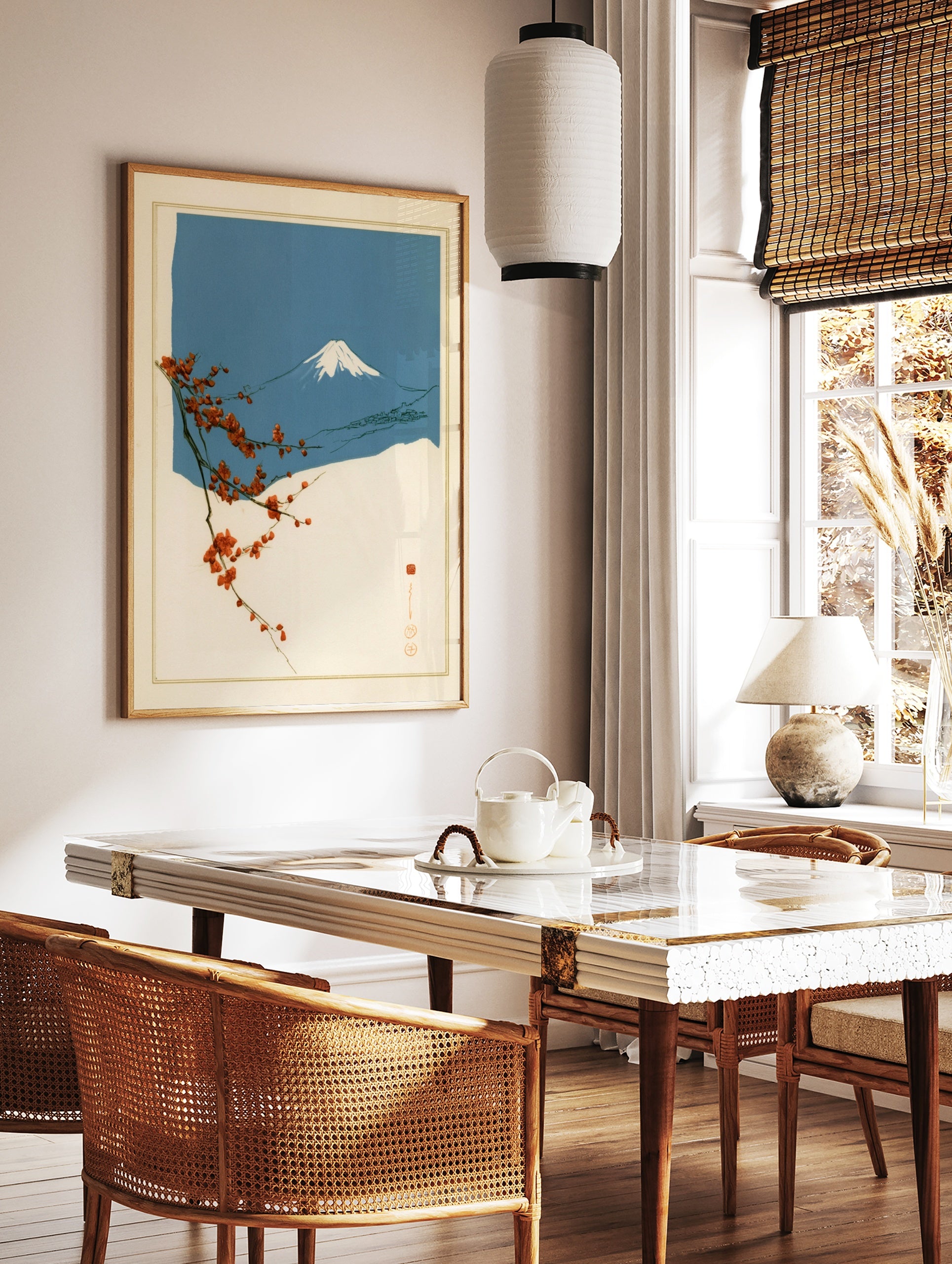 Japanese art print featuring a red flowering branch in the foreground against a blue Mount Fuji, in a styled room mockup