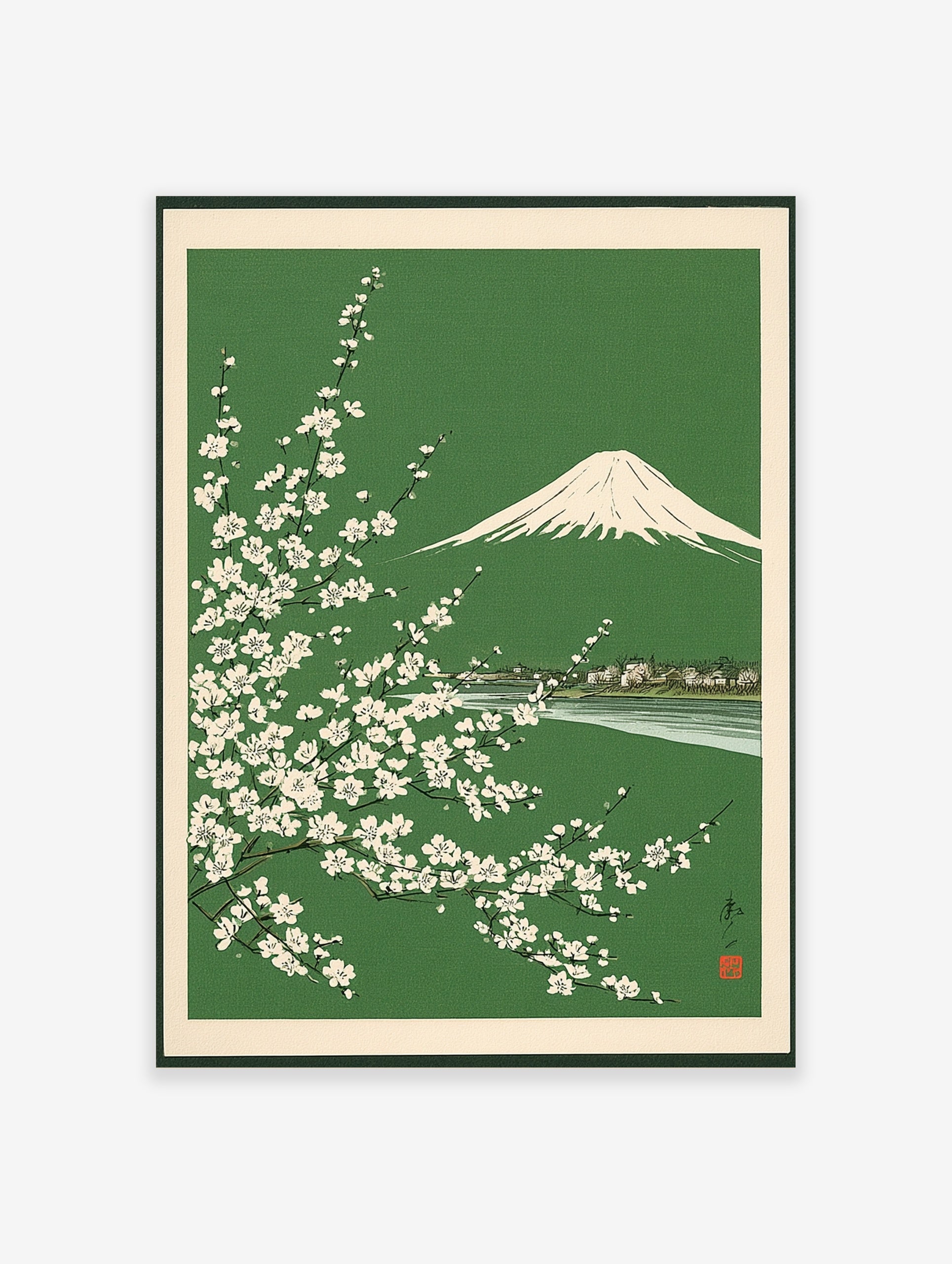 Japanese woodblock style print of Mount Fuji behind white cherry blossom branches on a green background