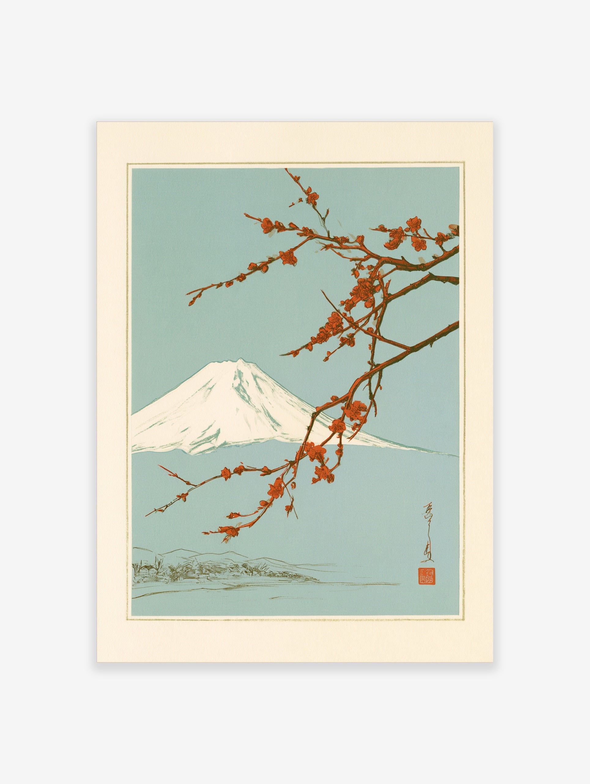 Japanese art print featuring a snow-capped Mount Fuji behind a branch of vibrant red plum blossoms on a light blue ground