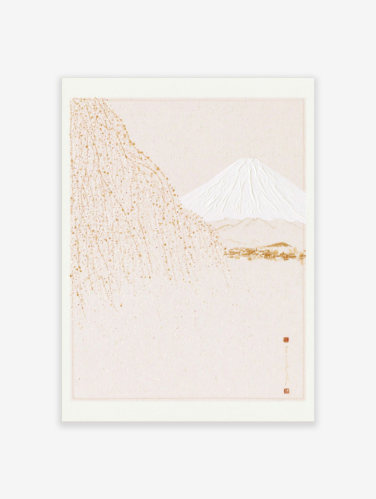 Japanese-style wall art featuring Mount Fuji, a golden weeping tree, and a small village on a cream background