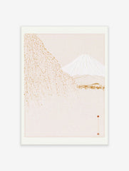 Japanese-style wall art featuring Mount Fuji, a golden weeping tree, and a small village on a cream background
