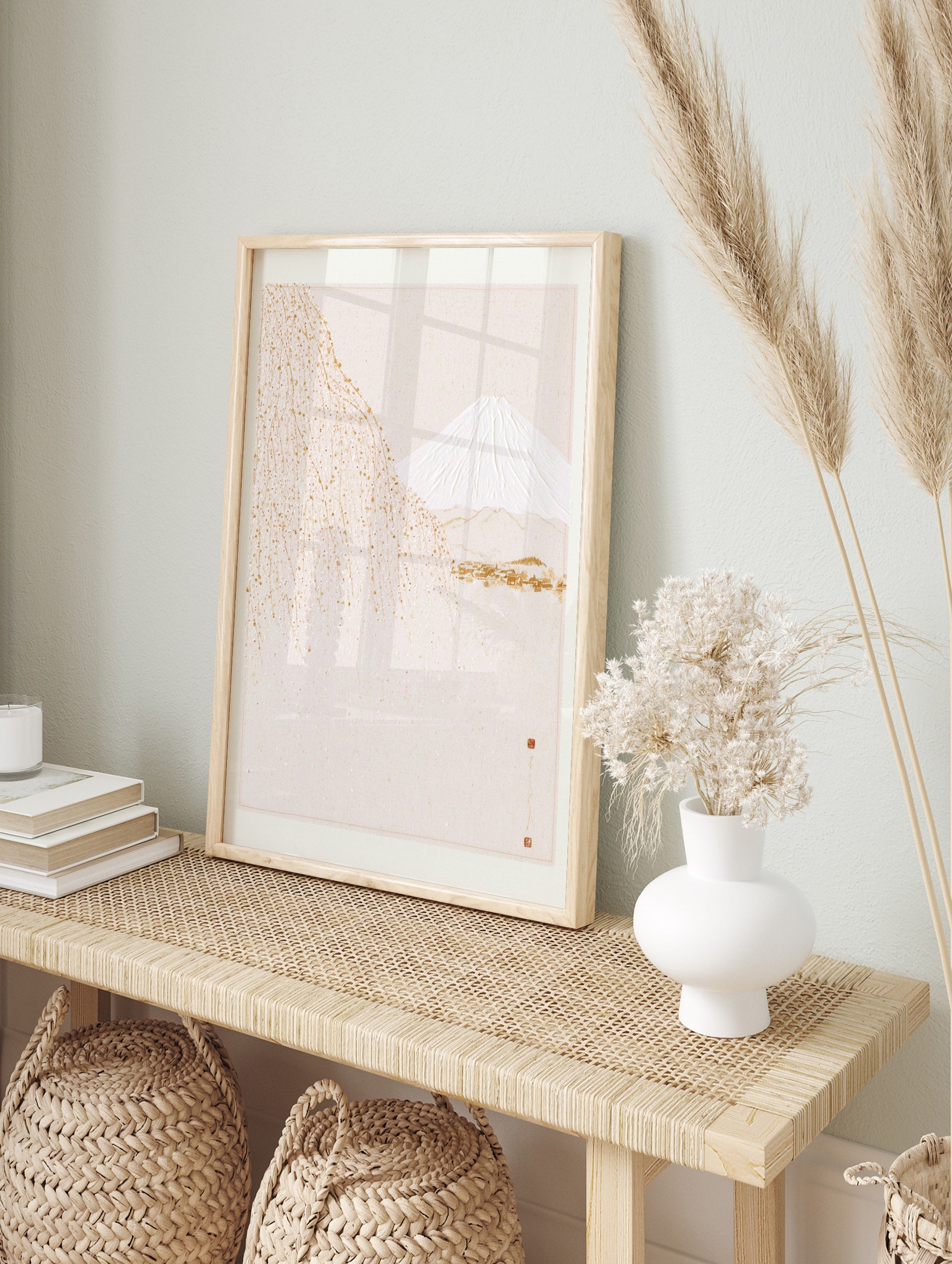 Japanese-style wall art featuring Mount Fuji, a golden weeping tree, and a small village on a, in an alternate framed mockup