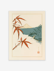 Japanese Mount Fuji landscape wall art with red bamboo leaves, a hut, and a stream in illustrative woodblock style