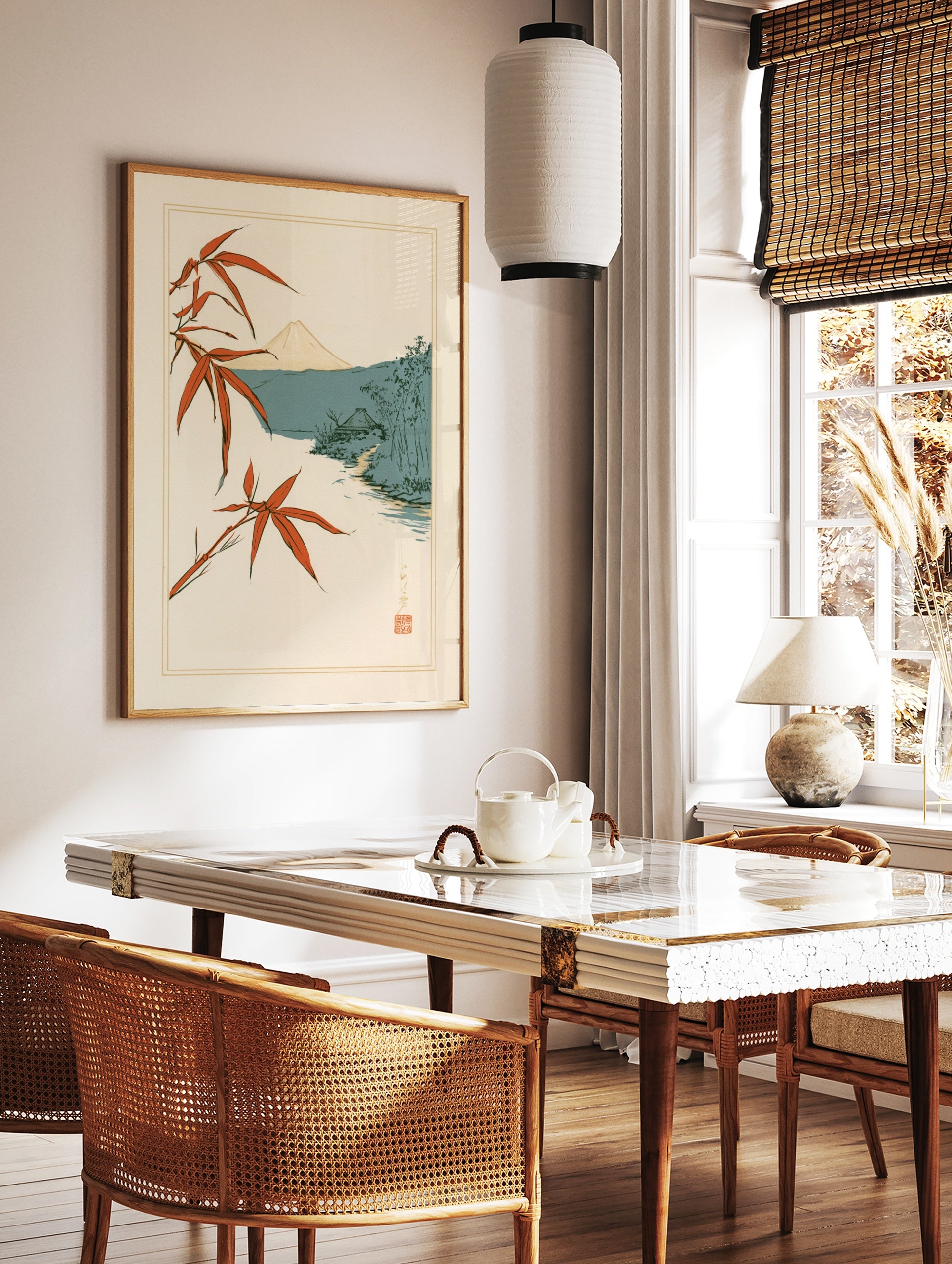 Japanese Mount Fuji landscape wall art with red bamboo leaves, a hut, and a stream in illustrative, in a styled room mockup