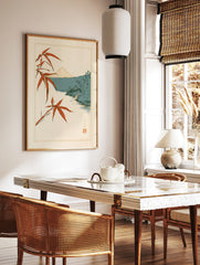 Japanese Mount Fuji landscape wall art with red bamboo leaves, a hut, and a stream in illustrative, in a styled room mockup