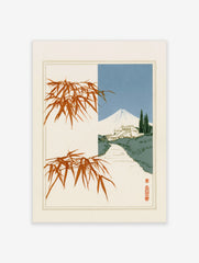 Japanese landscape art print with Mount Fuji, a traditional house, and orange bamboo branches on a white background