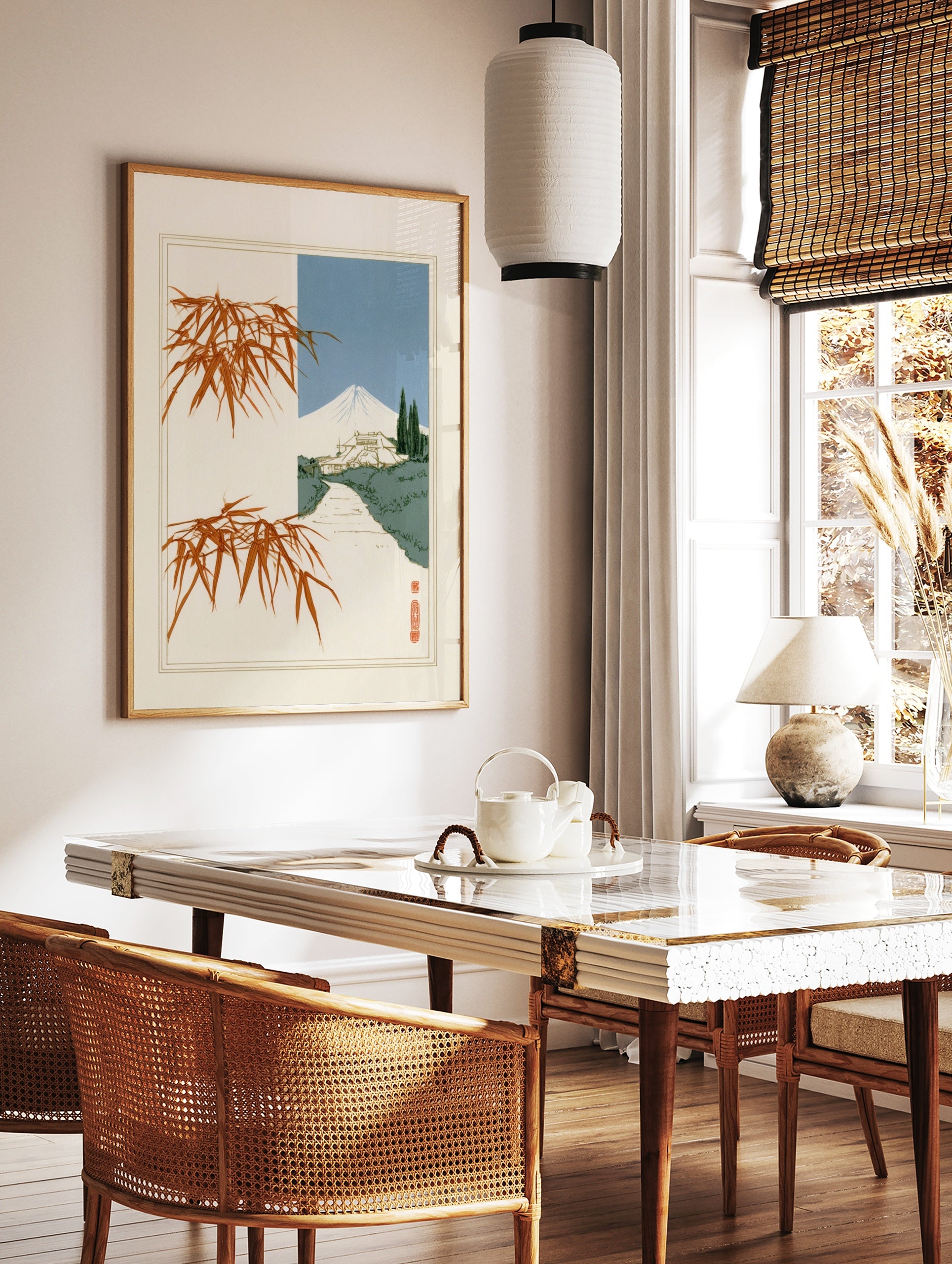 Japanese landscape art print with Mount Fuji, a traditional house, and orange bamboo branches on a, in a styled room mockup