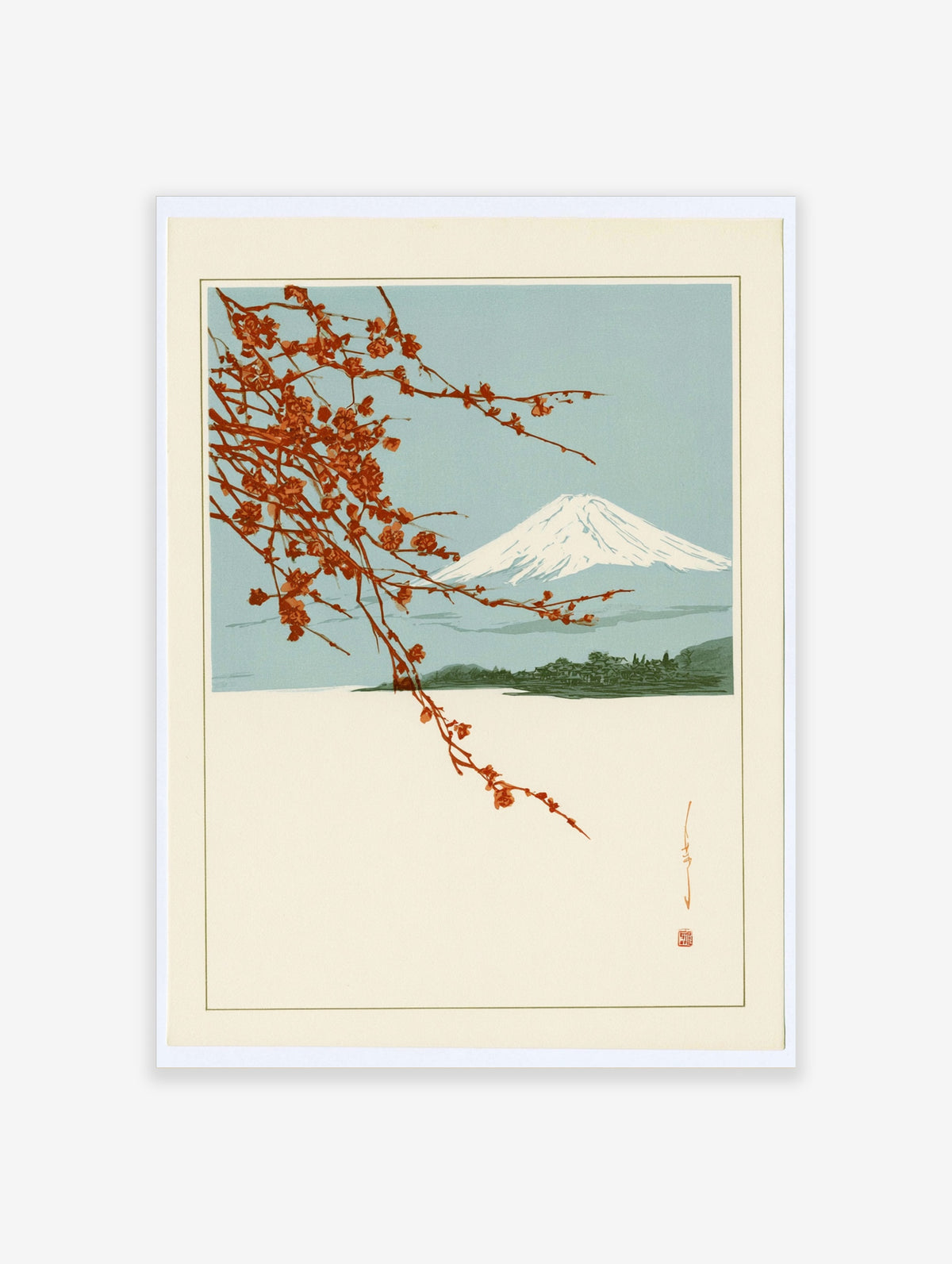 Japanese-style Mount Fuji landscape print with red cherry blossom branches and blue sky