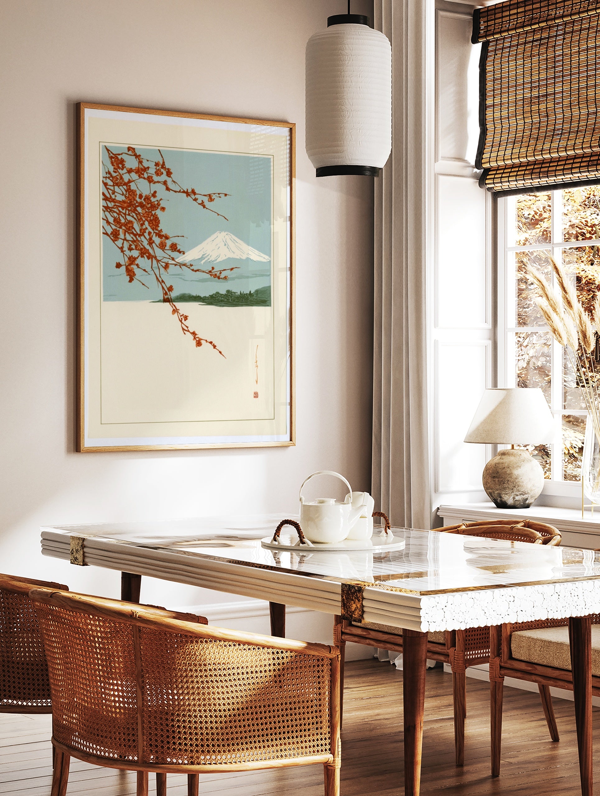 Japanese-style Mount Fuji landscape print with red cherry blossom branches and blue sky, in a styled room mockup